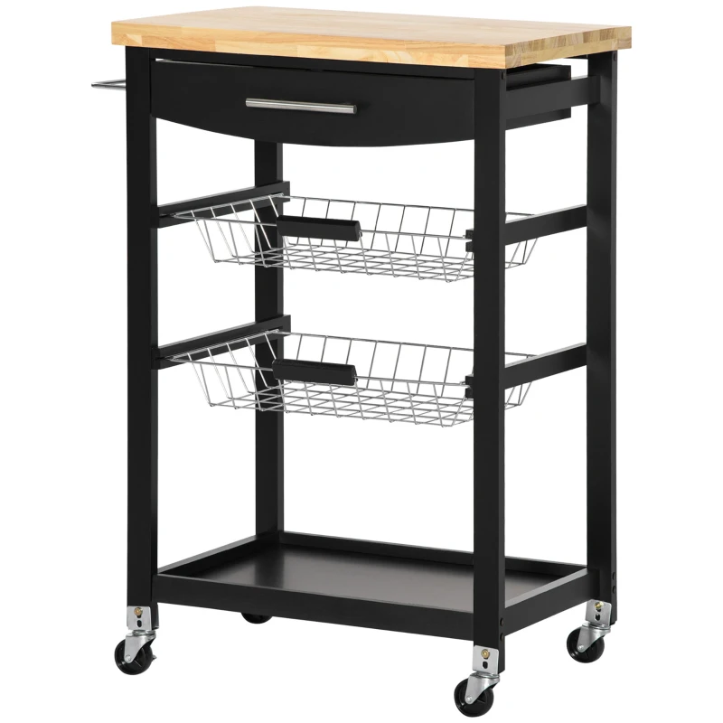 HOMCOM 3-Tier Kitchen Cart, Utility Cart with Solid Wood Top, Steel Basket, Rolling Kitchen Island with Drawer, Microwave Stand, Black