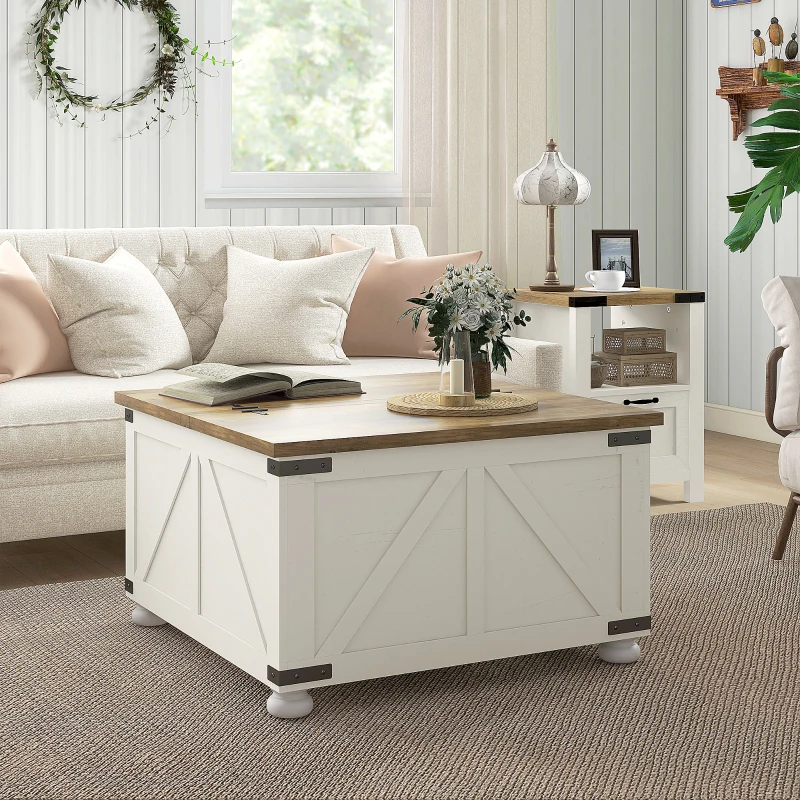 HOMCOM Farmhouse Coffee Table, Square Center Table with Flip-top Lids, Hidden Storage Compartment and Wooden Legs, Antique White