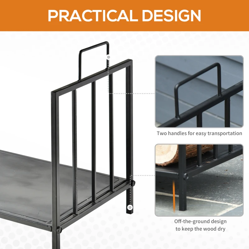 Outsunny 17.5" Firewood Rack Heavy-Duty Metal Wood Storage Log Holder with Side Handles, Indoor and Outdoor, Black