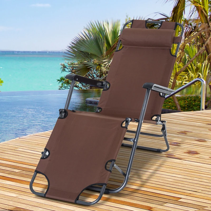 Outsunny Folding Chaise Lounge Chair, Outdoor Portable 2-Level Adjustable Recliner Zero Gravity Chair with Headrest Pillow, Armrests with Storage Mesh Pocket, Brown