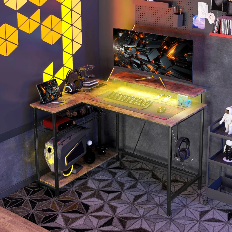 HOMCOM Reversible L Shaped Desk with Lights, Power Outlet, USB Ports, Corner Desk with Storage for Home Office, Brown