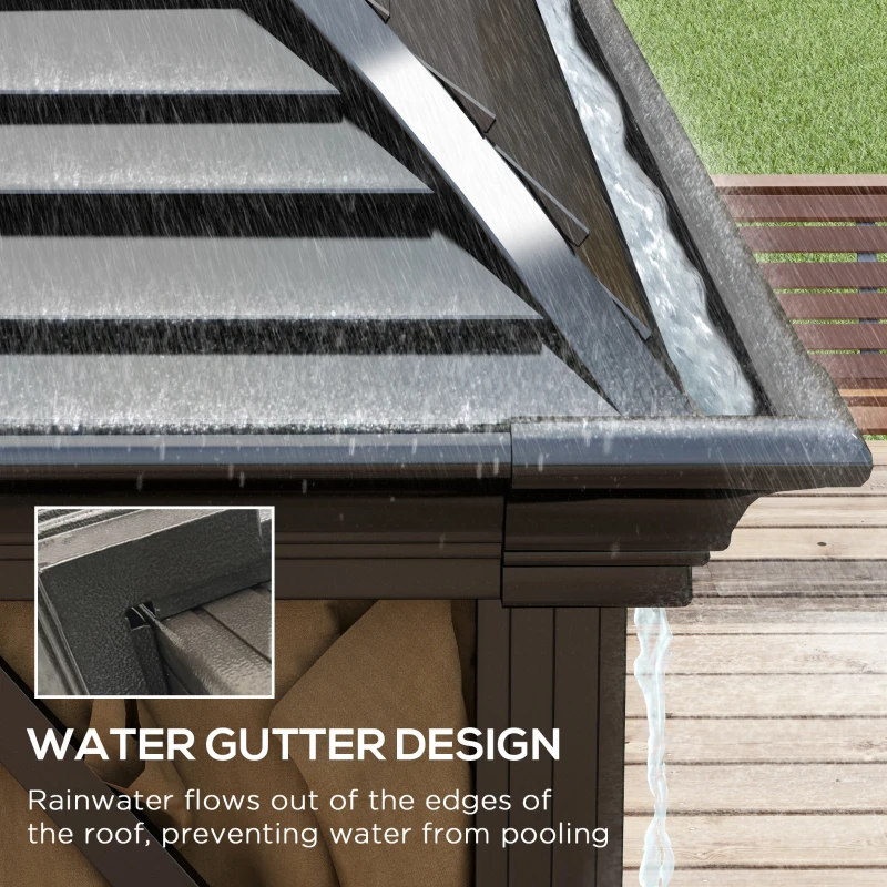 Outsunny 10' x 14' Hardtop Gazebo with Curtains, Netting, Pavilion with Steel Roof Ceiling Hook for Garden Patio, Brown