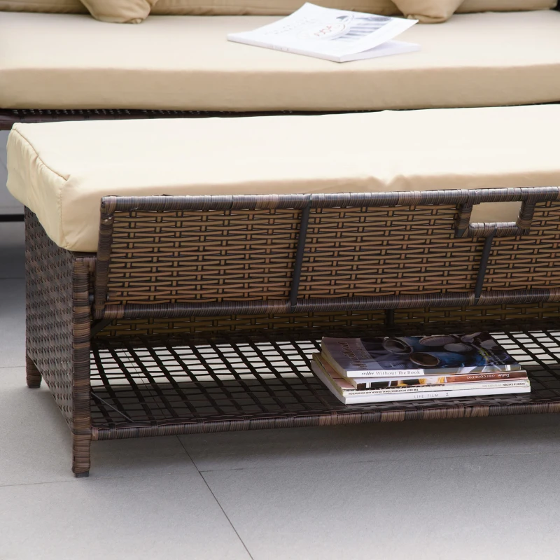 Outsunny Patio Rattan Daybed with Cushions, Wicker Outdoor Bed Lounger w/ Loveseat, Storage Ottoman, Coffee & Side Tables, for Poolside, Porch, Backyard, Beige
