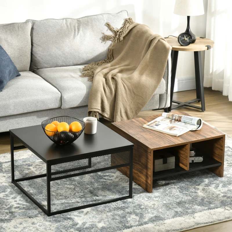HOMCOM Coffee Table Set of 2, Industrial Nesting Tables, Square Coffee Table and Narrow Sofa Side Table for Living Room