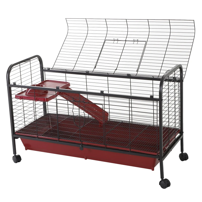 PawHut 42”Metal Wire Small Animal Pet Cage with EasyWheels for Portability & Spacious Multi-Level Design, Red and Black
