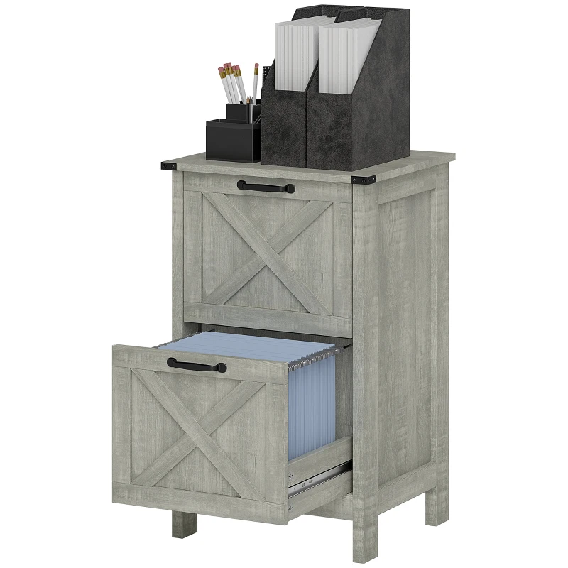 HOMCOM Vertical Filing Cabinet with 2 Drawers, Rustic Farmhouse Office Storage Cabinet for A4, Letter Size, Stone Grey