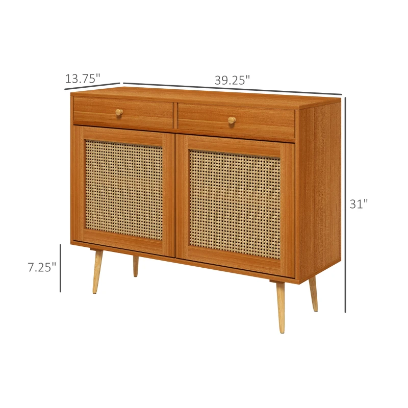 HOMCOM Kitchen Storage Cabinet, Garage Cabinets with 3 Rattan Doors and Adjustable Shelf, Boho Accent Cabinet for Living Room