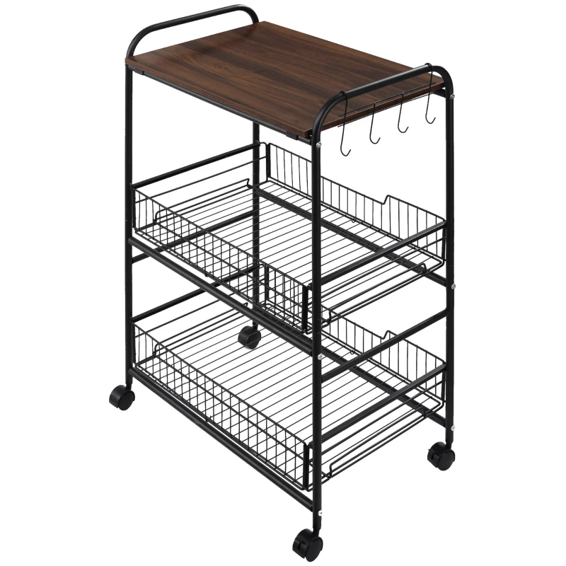 HOMCOM 3 Tier Rolling Kitchen Cart with Storage, Kitchen Island Cart on Wheels with 2 Sliding Fruit Basket, Microwave Cart with Side Hooks for Dining Room, Walnut