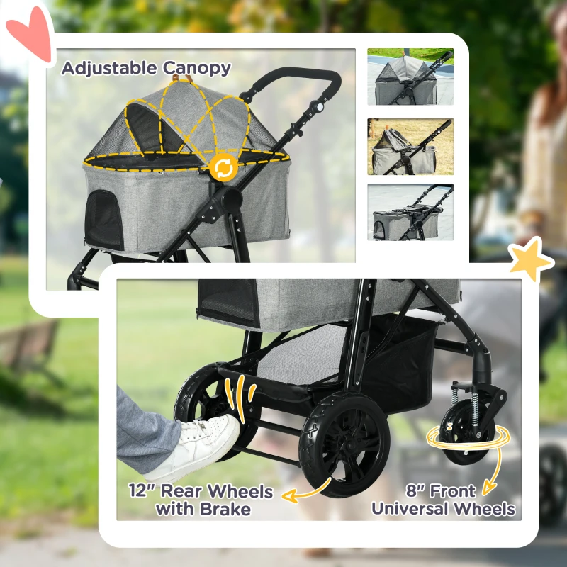 PawHut 2 in 1 Foldable Dog Stroller with Suspension, Detachable Carriage, Adjustable Canopy, Safety Leashes and Storage Basket, Grey