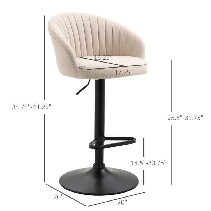 HOMCOM Modern Upholstered Adjustable Barstools with Swivel Seat, Linen Touch Fabric, Steel Frame, Footrest, ‎Beige