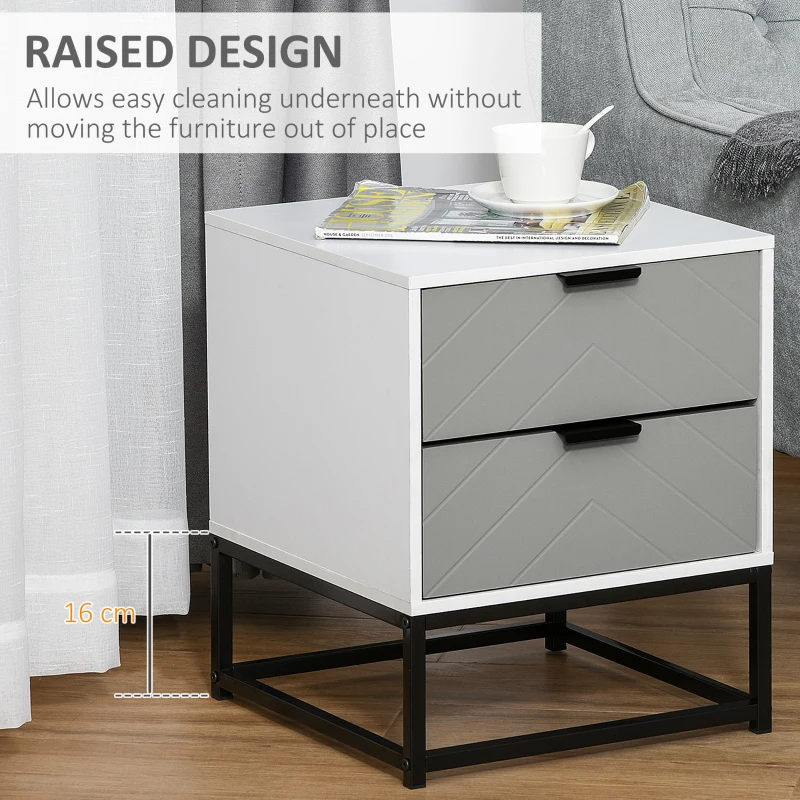 HOMCOM Bedside Table with 2 Drawer Storage Unit, Unique Shape Nightstand with Metal Base for Bedroom