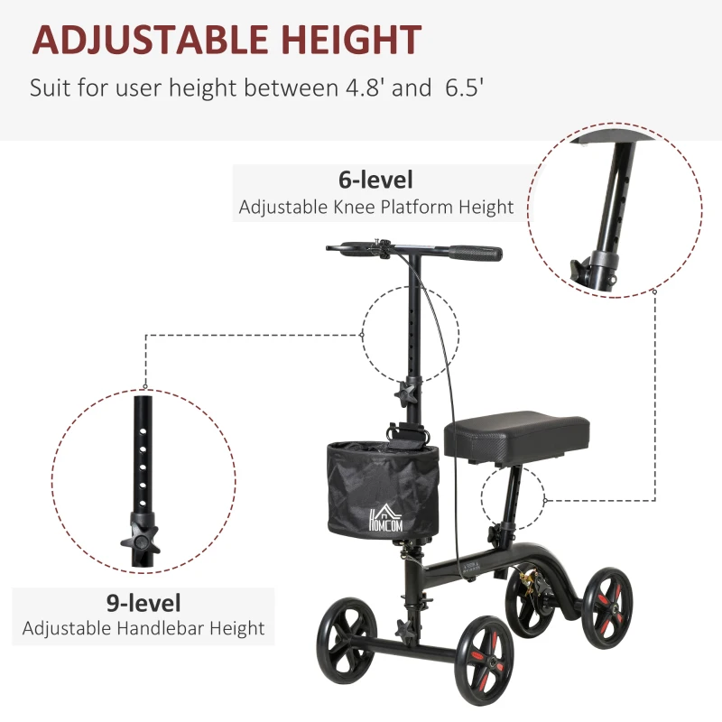 HOMCOM Knee Scooter, Foldable Steerable Knee Walker with Dual Braking System, Basket, 8" Wheels, Height Adjustable Leg Rest and Handles, Crutch Alternative for Foot Injuries, Black