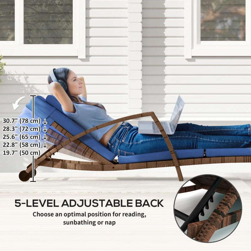 Outsunny Set of 2 Wicker Chaise Lounge Chair Outdoor Patio Lounger with 5 Adjustable Back, Wheels, Cushion and Armrests, Blue