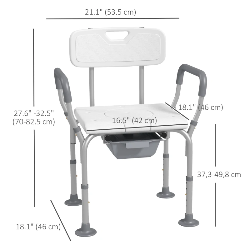HOMCOM 3-in-1 Shower Chair with Back, Adjustable Bedside Commode, Raised Toilet Seat w/ Rubber Foot Pad for Seniors, Disabled