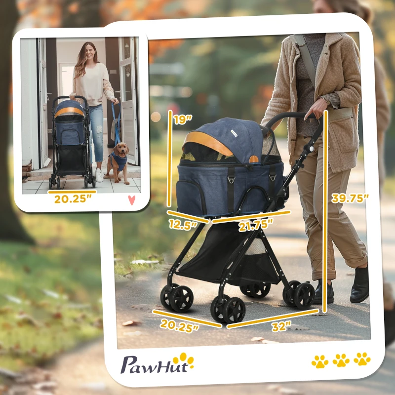 PawHut 2 in1 Foldable Pet Stroller and Detachable Travel Carriage with Lockable Wheels, Adjustable Handlebar Canopy and Zippered Mesh Window Blue