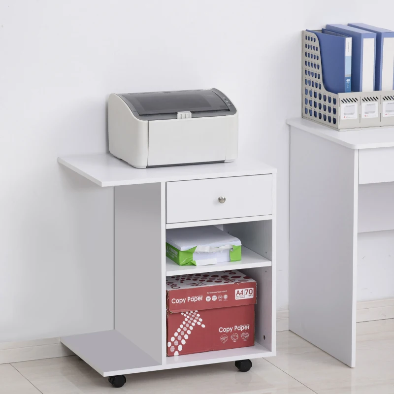 Vinsetto Printer Stand Desk Side File Cabinet, Rolling Cart with Wheels, Adjustable Shelf, Drawer, CPU Stand, White