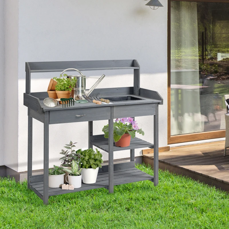 Outsunny Potting Bench Table Garden Work Bench Workstation with Drawer, Removable Sink, Storage Shelves and Hooks for Patio, Courtyards, Balcony