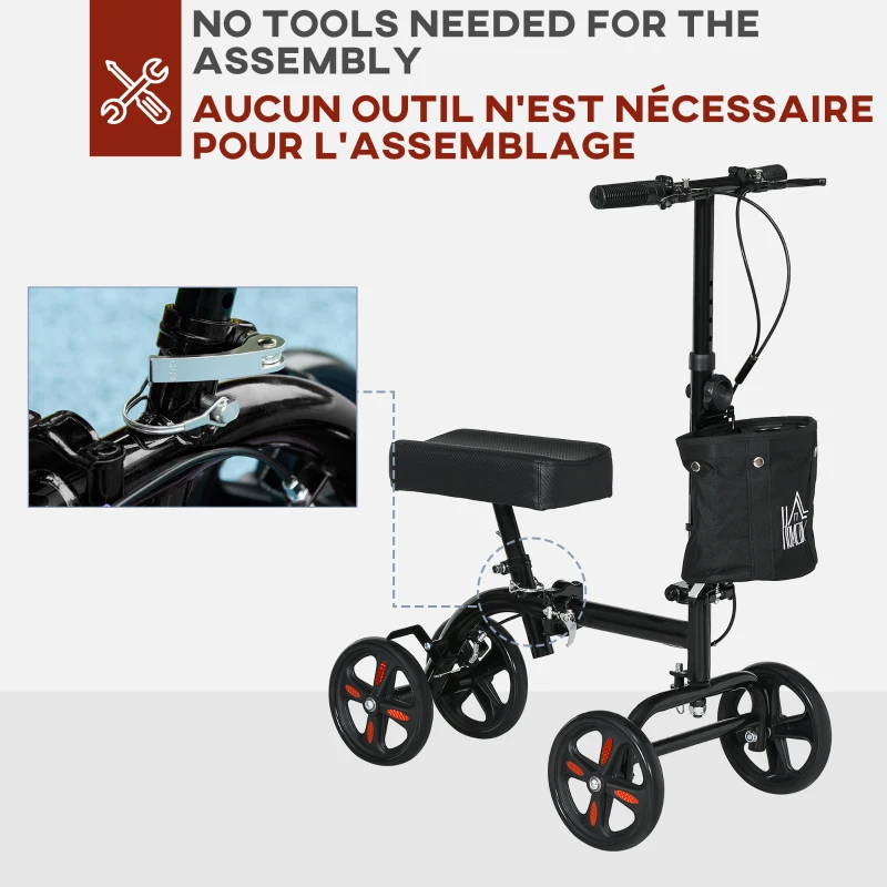 HOMCOM Steerable Knee Walker, Foldable Knee Scooter with Dual Braking System, Adjustable Height, Crutch Alternative, Black