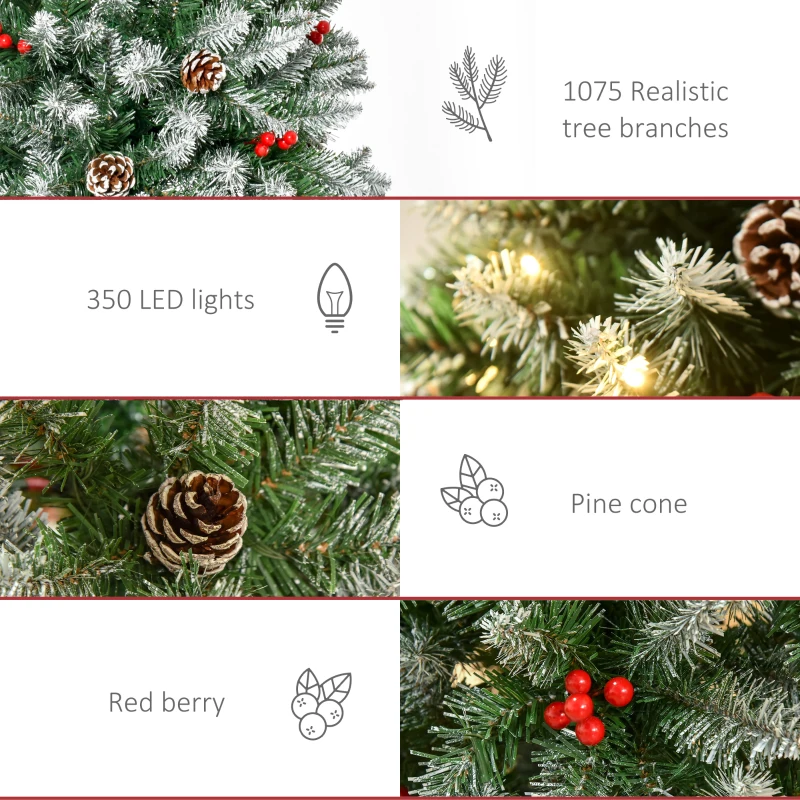 HOMCOM 7.5ft Pre-Lit Snow-Dipped Artificial Christmas Tree with Realistic Branches, 350 LED Lights, Pine Cones, Red Berries and 1075 Tips