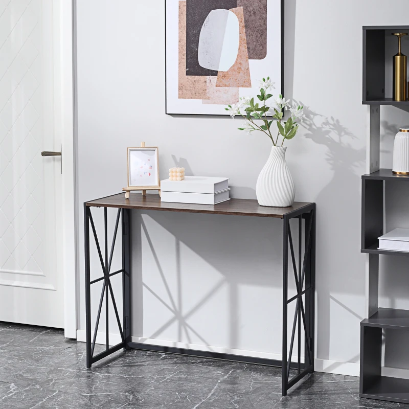 HOMCOM Foldable Console Table, Industrial Sofa Table, Narrow Farmhouse Table with Metal Frame for Living Room, Entryway, Foyer, Brown