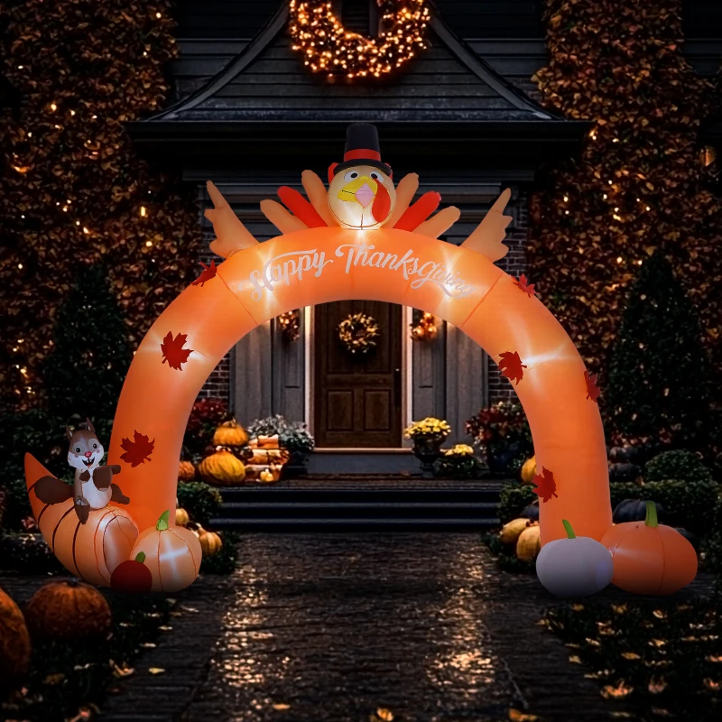 Outsunny 9.7ft Thanksgiving Turkey Archway, Inflatables Outdoor Decorations, Blow Up LED Yard Display for Holiday