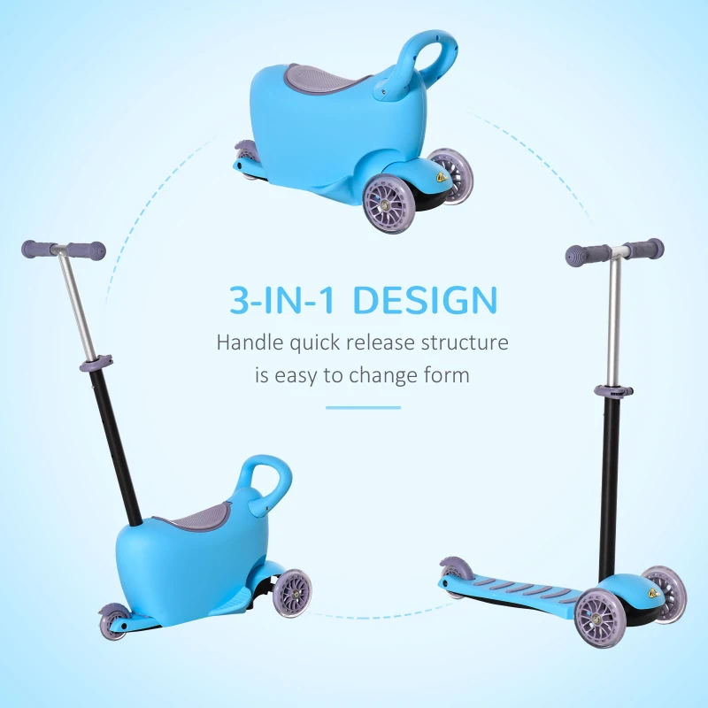 Qaba 3-in-1 Ride On Push Car, Kids Scooter, Sliding Walker, Push Rider, with Adjustable Handlebar, 3 Balanced Wheels, Removable Storage Seat, for Boys and Girls Aged 2-6 Years Olds, Blue