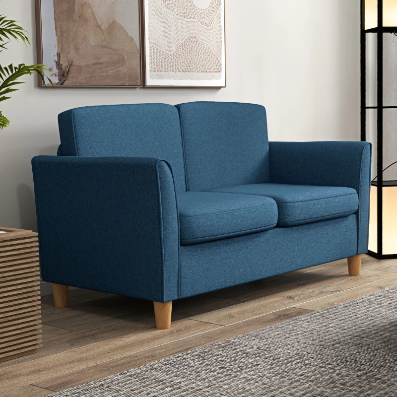 HOMCOM 2-Seat Sofa Two-Seater Couch with Armrests and Wood Legs for Living Room, Bedroom, Blue