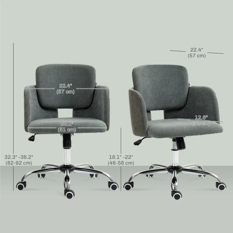 HOMCOM Small Desk Chair, Height Adjustable Fabric Office Chair with Swivel Wheels, Tilt Function, Computer Chair, Grey