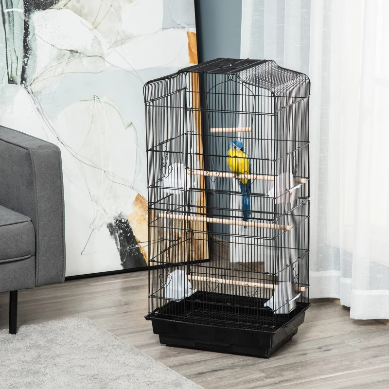PawHut 36" Bird Cage, Macaw Play House, Cockatoo, Parrot, Finch Flight Cage, 2 Doors Perch, 4 Feeder Pet Supplies, Black