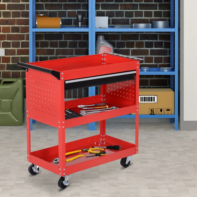 HOMCOM Tool Cart on Wheels, Utility Cart with Wheels, Ball Bearing Drawer, Storage Trays for Garage, Warehouse, Workshop, Red