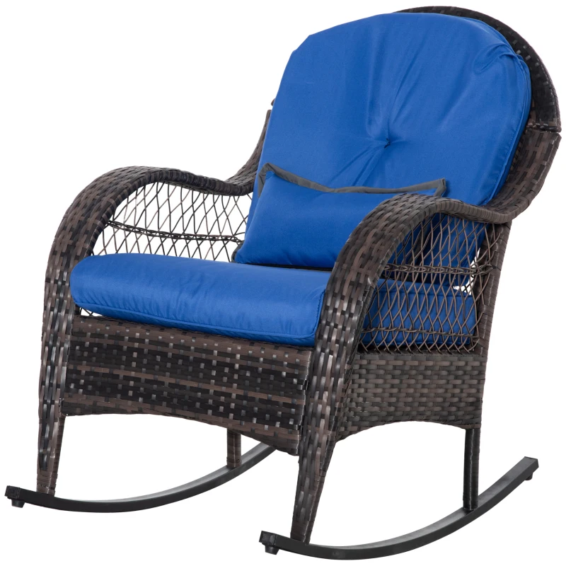 Outsunny Outdoor Rocking Chair with Seat and Back Cushion, Outdoor PE Rattan Garden Chair with Curved Armrests, for Porch, Backyard, Poolside, Blue