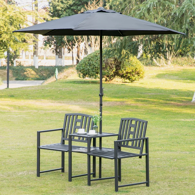 Outsunny Metal Garden Bench with Middle Table and Umbrella Hole, 2-in-1 Double Patio Chairs, Outdoor 2-person Tete-a-Tete, Slatted, Black(m-10)