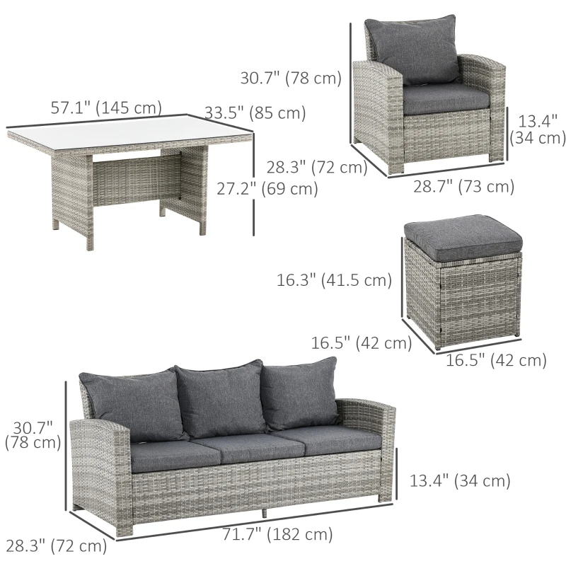 Outsunny 6 Pcs Patio Furniture Set, Rattan Outdoor Furniture Set with 3 Seater Sofa, Armchairs, Footstools and Table, Dark Grey