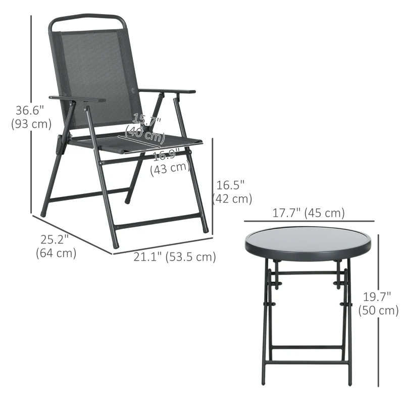 Outsunny 3 Pieces Bistro Set, Foldable Patio Furniture Set with Mesh Chairs, Glass Table for Garden, Balcony, Charcoal Grey