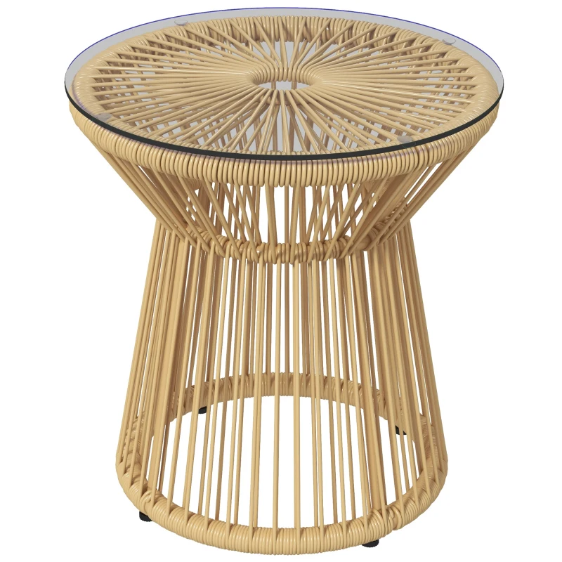 Outsunny Round End Table, Rattan Side Table, Hollow Drum Design Coffee Table w/ Glass Tabletop for Patio, Garden, Balcony, Beige