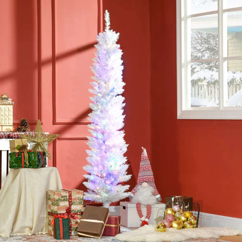 HOMCOM 6' Prelit Christmas Trees, Pencil Artificial Christmas Tree with Colourful Surface Tips, Colourful LED Lights, White