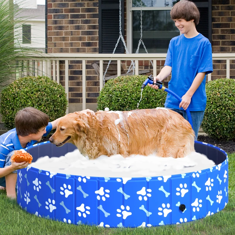 PawHut Foldable Pet Swimming Pool, Portable Dog Bathing Tub, 12" x 55" Plastic Large Dog Pool for Outdoor Dogs and Cats, Blue