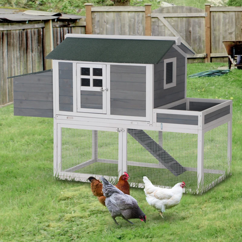 PawHut 63" Wooden Chicken Coop Hen House Poultry Cage for Outdoor Backyard with Raised Garden Bed, Run Area, Nesting Box and Removable Tray, Gray