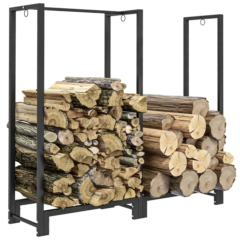 Outsunny 4ft Firewood Rack with Dual Space and Lock Rings, Steel Log Holder for Outdoor Indoor, Black