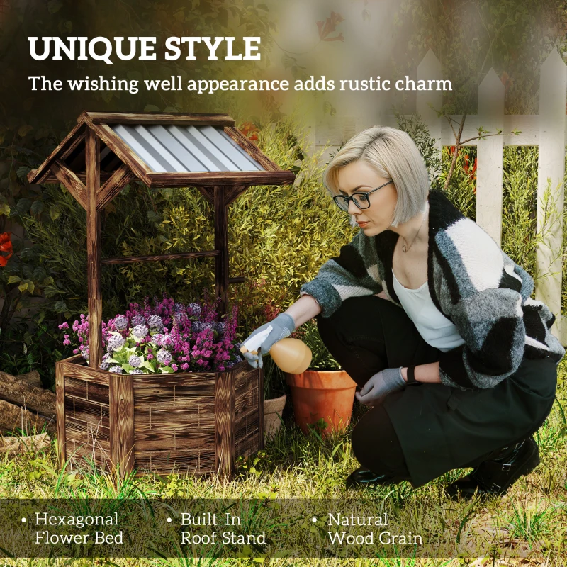 Outsunny Wooden Wishing Well Planter, Raised Garden Bed with Galvanized Canopy, Hexagon Raised Flower Bed for Garden, Tan