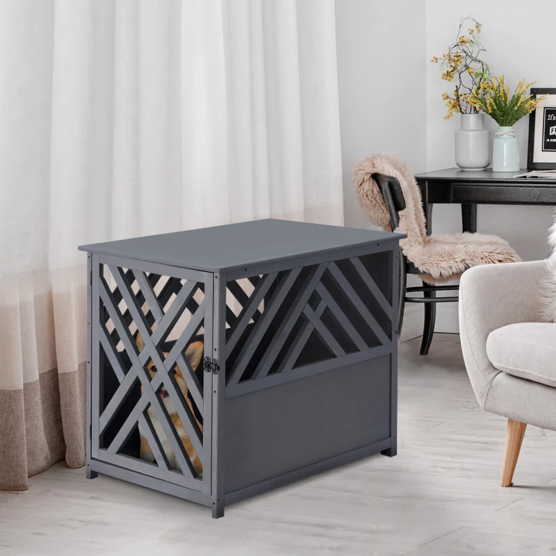 PawHut Furniture Style Wood Dog Crate End Table Decorative Dog Cage Kennel Lattice Night Stand with Lockable Door, Grey