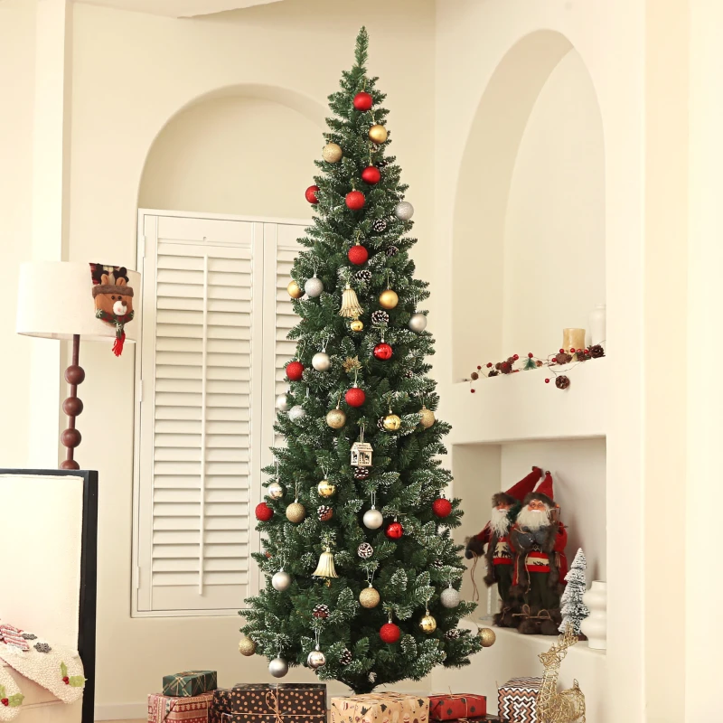 HOMCOM 7.5ft Artificial Pencil Christmas Tree with 980 Branches, Pinecones, Metal Stand, Realistic Xmas Tree for Home