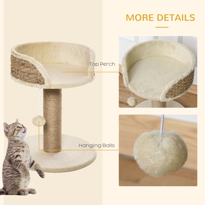 PawHut Cat Tree with Scratching Post, Toy Ball, Perch, Small Cat Tower for Indoor Cats - 16" x 16" x 19", Beige