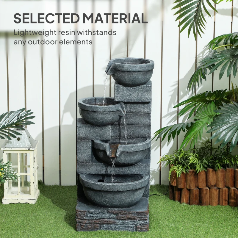 Outsunny 30" Tall Outdoor Waterfall Fountain with LED Lights, 4-Tier Resin Cascading Water Bowls with Pump, Gray