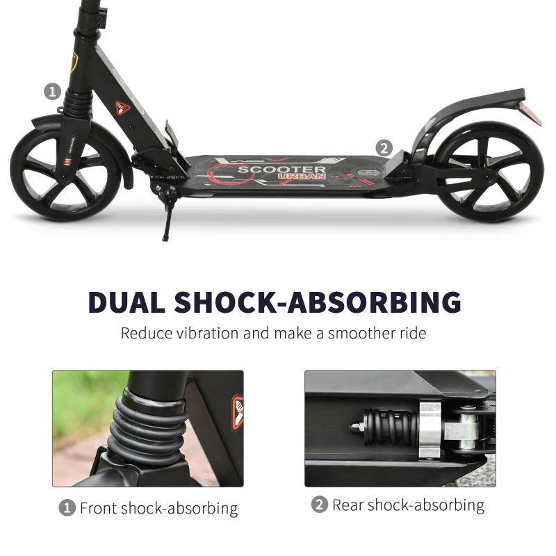 Soozier Foldable Kick Scooter Height Adjustable Ride On Bike with Real Wheel Brake, Dual Shock-Absorbing, Kickstand, and 7.75'' Big Wheels For 14+ Teens Adult, Black