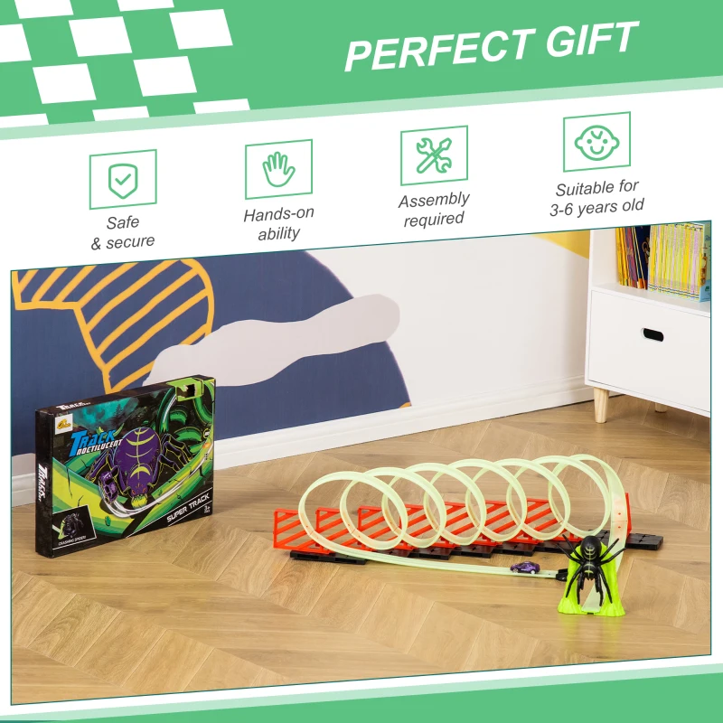 Qaba Track Builder Loop Kit Criss-Cross Glowing Race Track Toy Set Spooky Spider Fun Starter Kit, with Pull-back Car for Kids 3-6 years old, Lime Green
