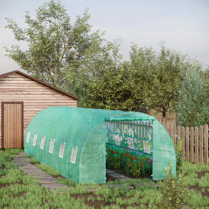Outsunny 26' x 10' x 6.6' Walk-in Tunnel Hoop Greenhouse, PE Cover, Steel Frame, Roll-Up Zipper Door & 12 Mesh Windows for Flowers, Vegetables, Tropical Plants, Light Green