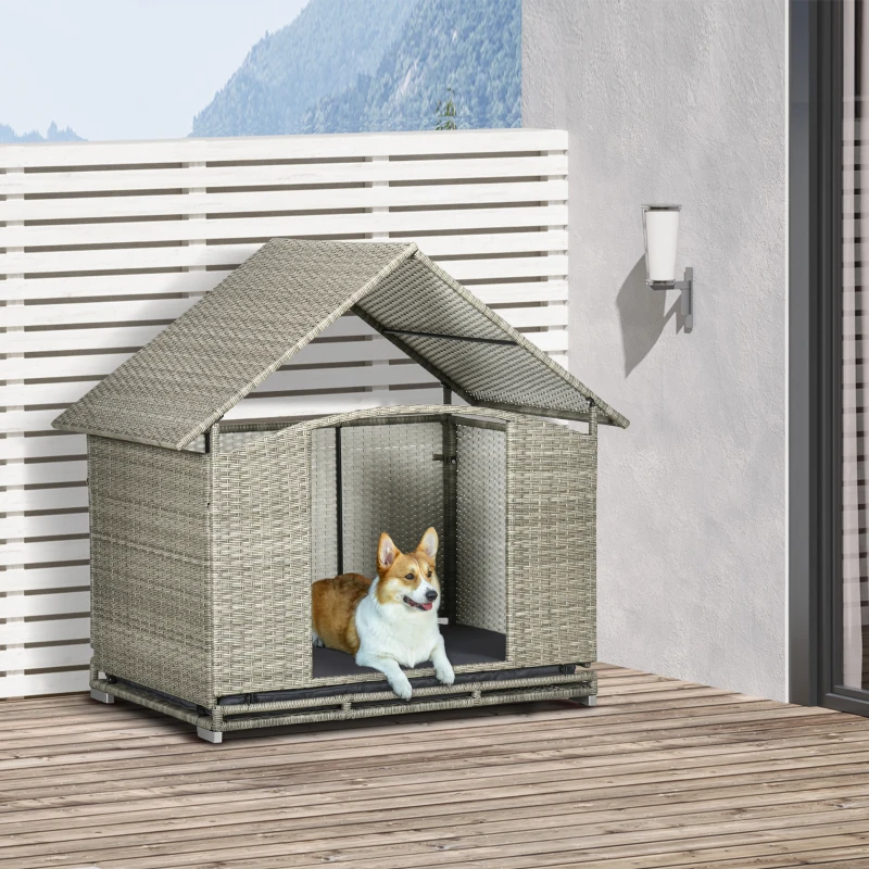 PawHut Wicker Dog House Outdoor with Canopy, Fancy Dog Bed Rattan Outside Dog Shelter with Water-Resistant Soft Cushion, Small Dog House for Medium Dogs