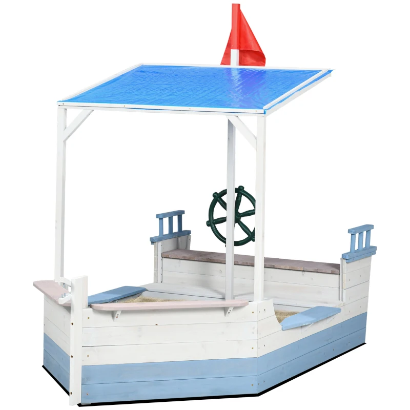 Outsunny Kids Sandbox with Canopy, Pirate Ship Wooden Sand Boxes with Bench for Backyard, Sand Pit for Toddlers, 83" x 43", Blue
