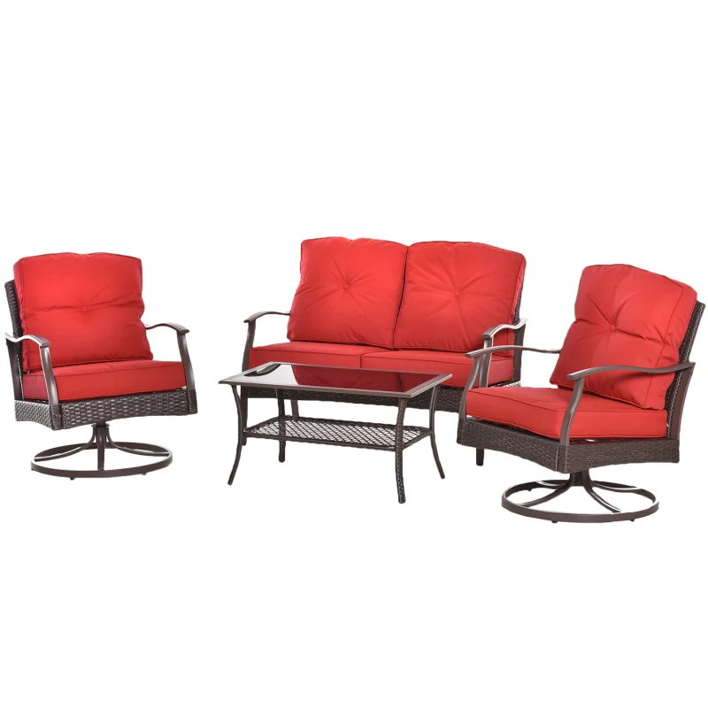 Outsunny 4 PCS Patio PE Rattan Wicker Sofa Set Outdoor Conversation Furniture w/ Two Tier Tea Table & Cushions, Red